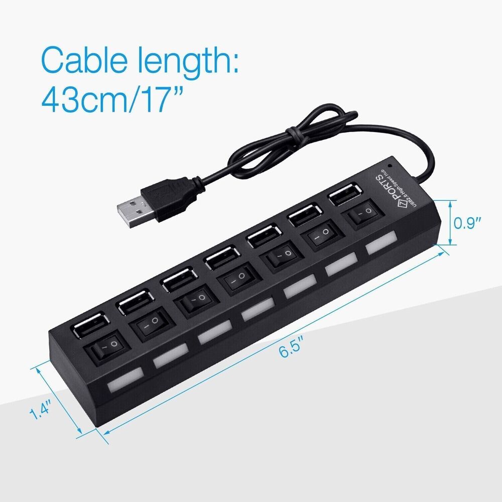 7 Port USB 2.0 Hub with LED Indicator - High-Speed Data Transfer for Multiple Devices