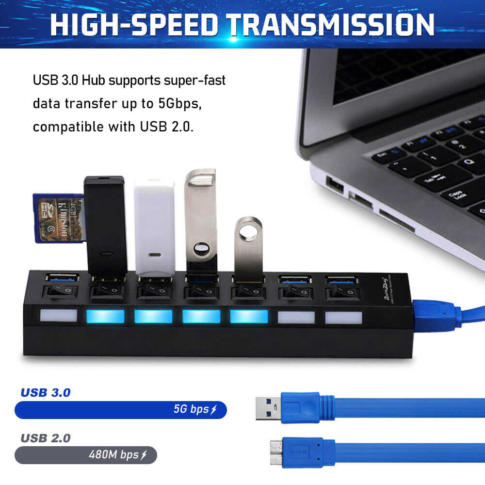 7-Port USB 3.0 Hub with Individual On/Off Switches and AC Adapter