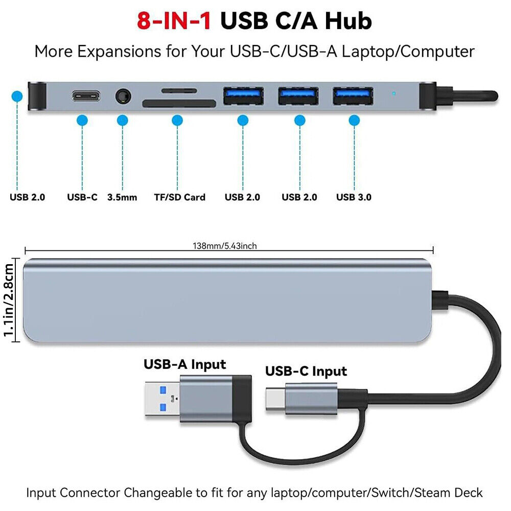 7/8-Port USB C Hub with 5Gbps Speed for PC, Laptop, and Macbook