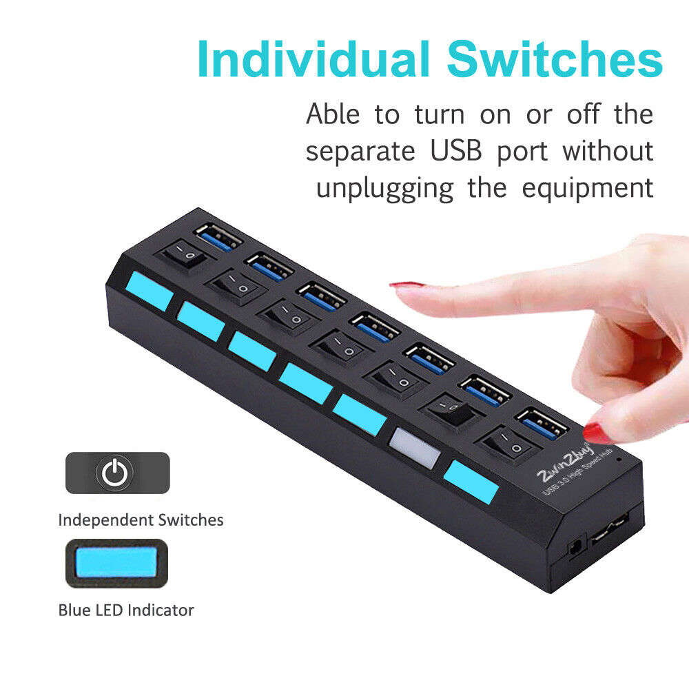 7 Ports USB 3.0 Powered Hub with AC Adapter and ON/OFF Switch