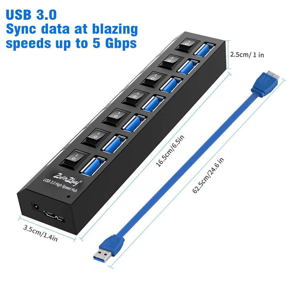 7-Port USB 3.0 Hub with Individual On/Off Switches and AC Adapter