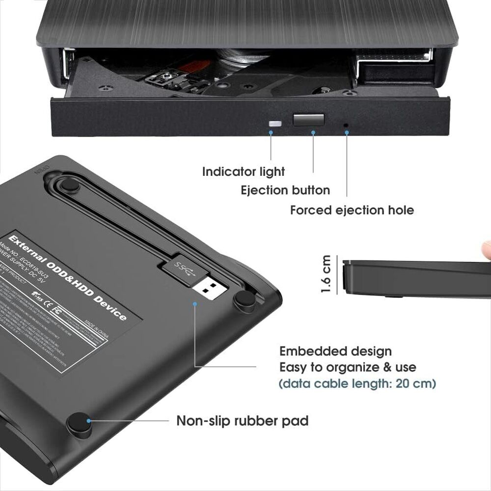USB 3.0 Slim External CD/DVD Drive with Burner for Laptops and Mac