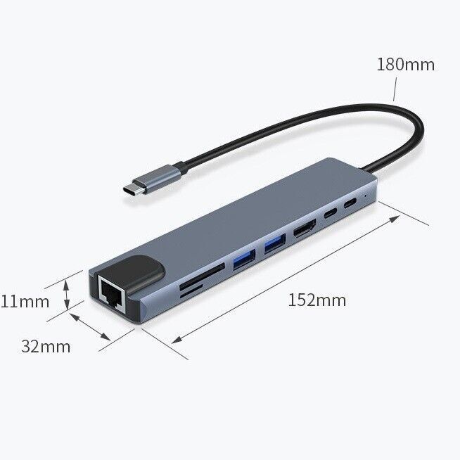 8-in-1 USB-C Hub Adapter with 4K HDMI, Ethernet, and 8 Ports