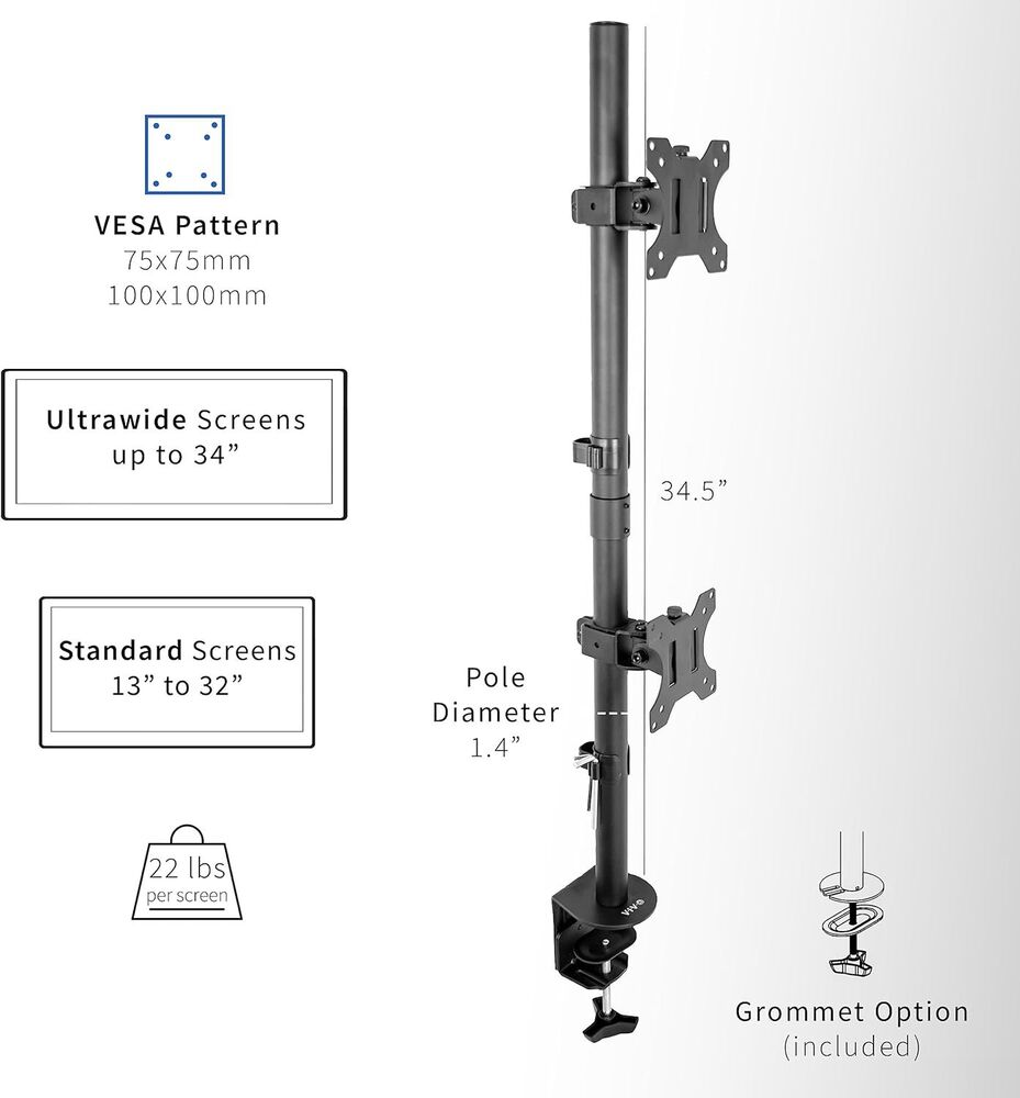 Black Dual LCD Monitor Desk Mount Stand - Vertical Stacking for 2 Screens up to 34"