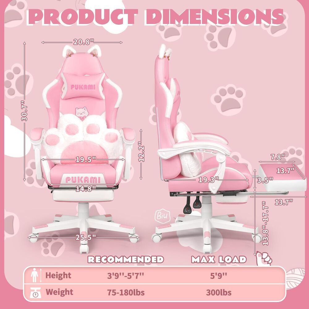 VITESSE Pink Gaming Chair with Cat Paw Cushion and Ears