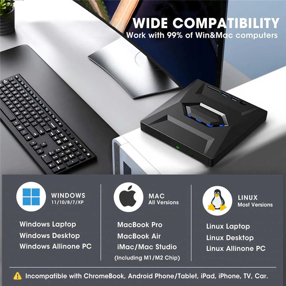 High-Speed External CD/DVD Drive with USB 3.0 for Windows PCs