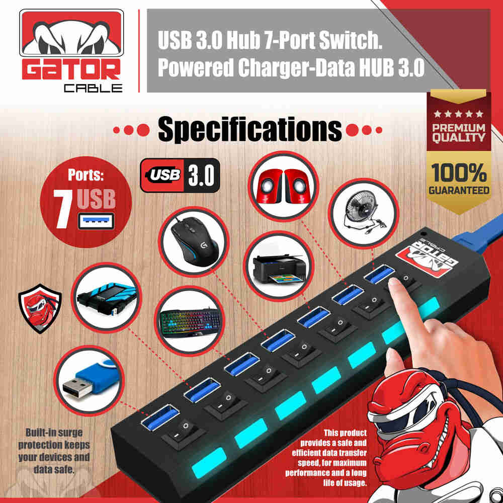 7-Port USB 3.0 Hub with AC Adapter for PC and Laptop