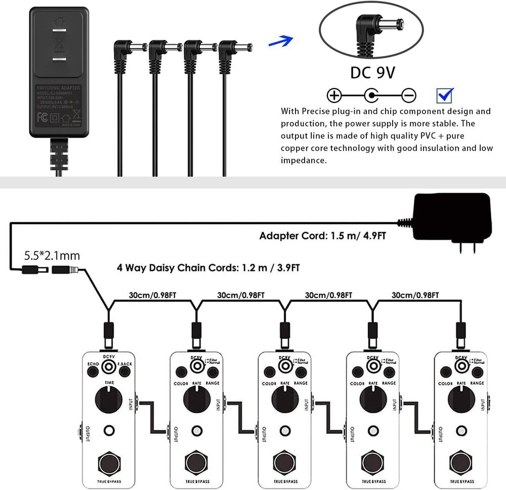 9V Guitar Pedal Power Supply Adapter with 4 Way Cables