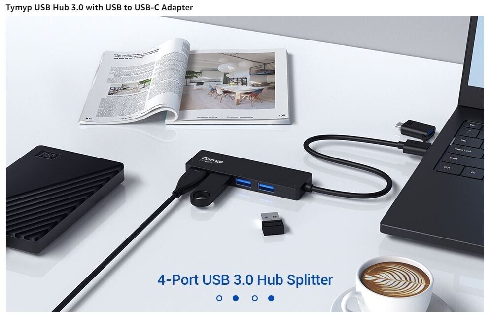 4-Port USB 3.0 Hub with 5Gbps Transfers and USB-C Adapter for Mac