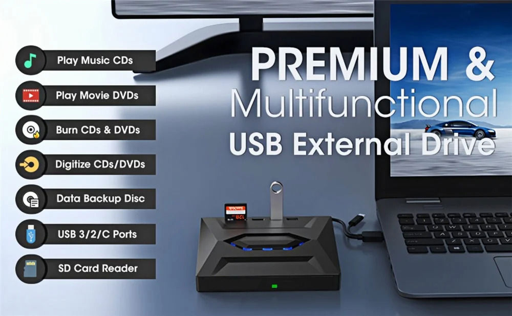 High-Speed External CD/DVD Drive with USB 3.0 for Windows PCs
