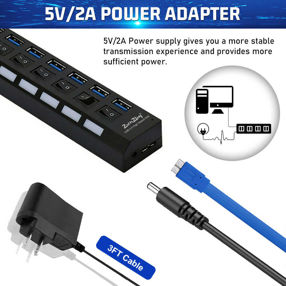 7-Port USB 3.0 Hub with Individual On/Off Switches and AC Adapter