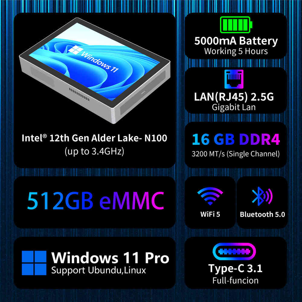 Windows Tablet Mini PC with Intel N100, 16GB RAM, 512GB Storage, 7" Touch Screen, WiFi