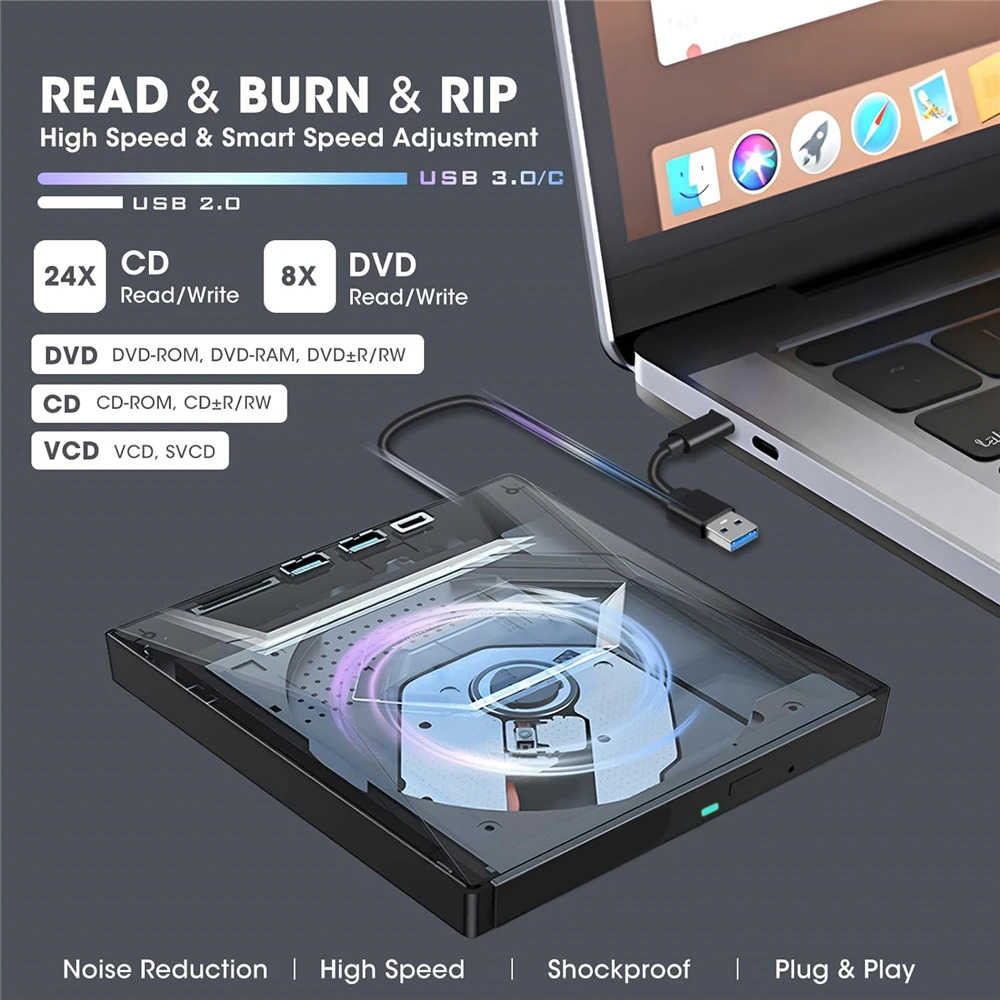 High-Speed External CD/DVD Drive with USB 3.0 for Windows PCs