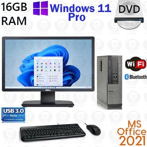 Windows 11 Dell i3 Desktop PC with 16GB RAM, 1TB HDD, 20" LCD, WiFi - Office 2021
