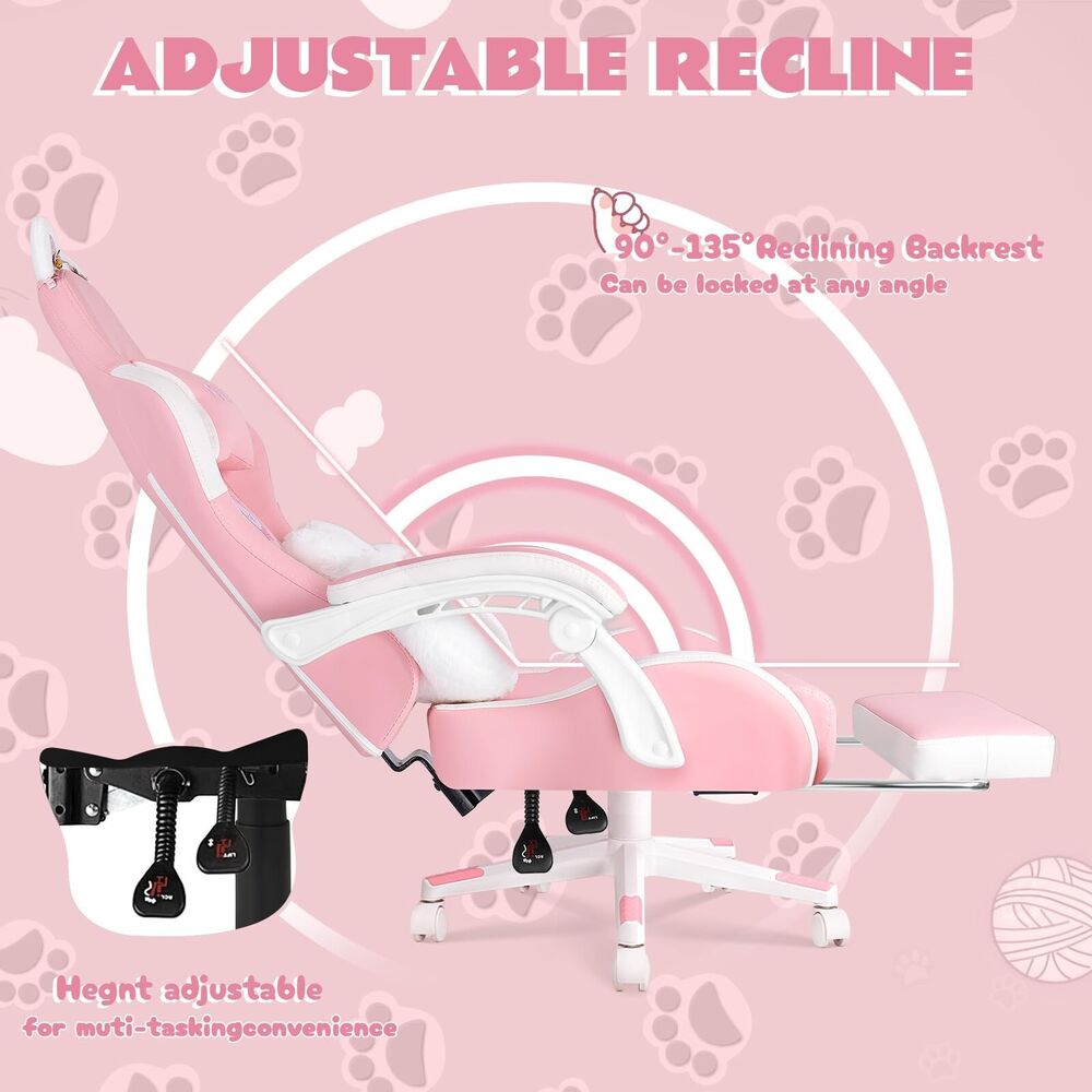 VITESSE Pink Gaming Chair with Cat Paw Cushion and Ears