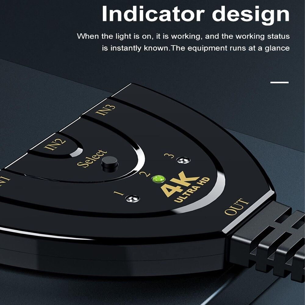 4K HDMI 3-Port Switcher Cable Hub Adapter for Gaming Consoles and HDTV