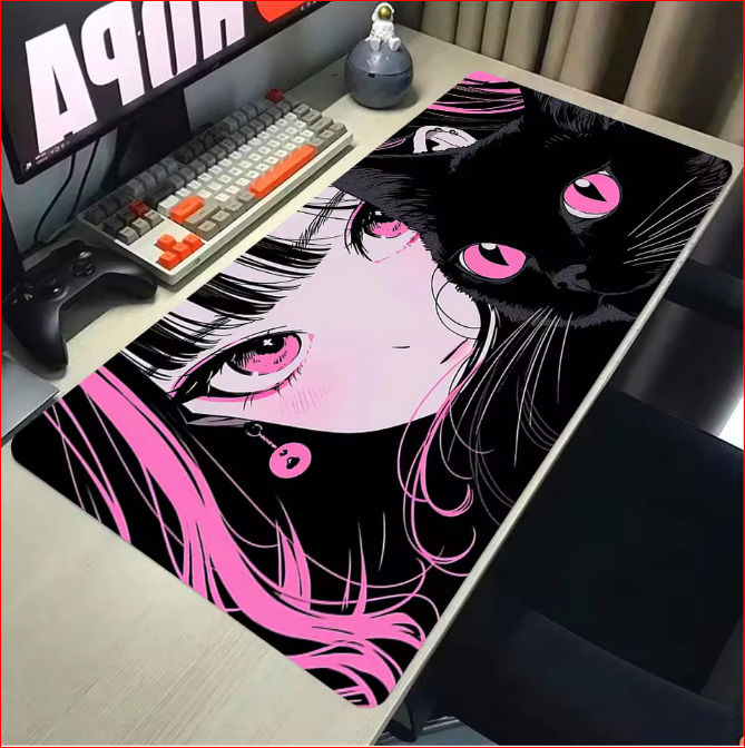 Cute Girl and Cat Long Padding Keyboard Mat v10