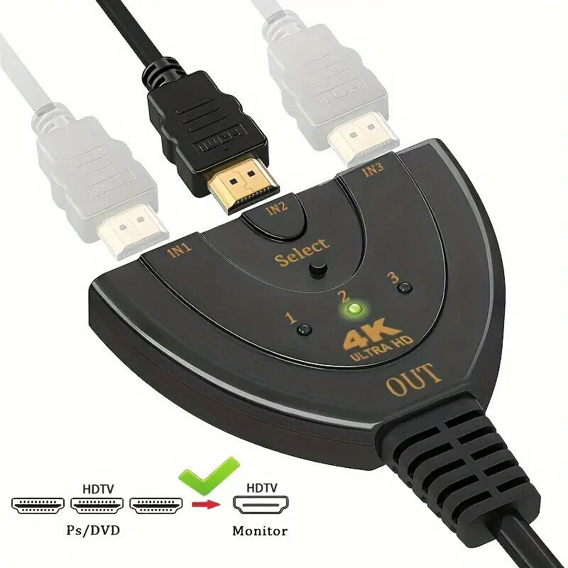 4K HDMI 3-Port Switcher Cable Hub Adapter for Gaming Consoles and HDTV