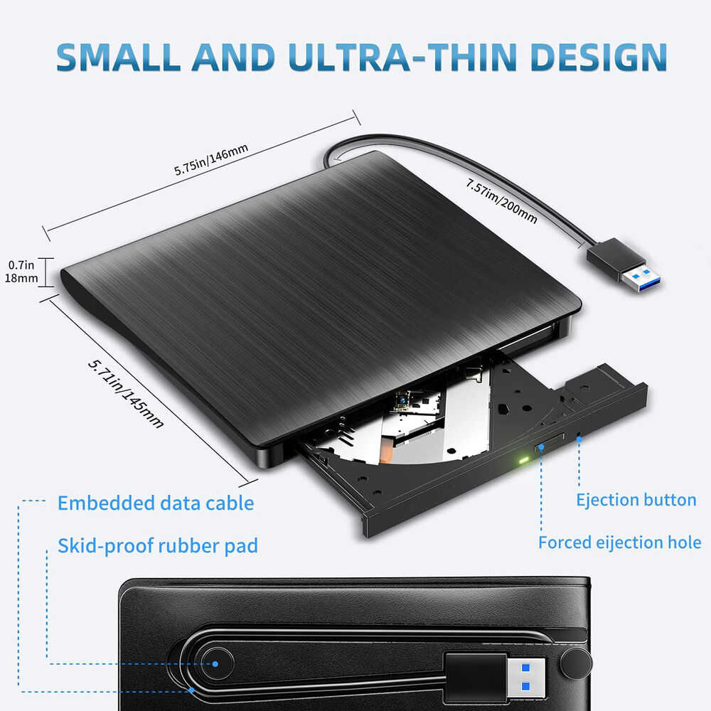 USB 3.0 Slim External CD/DVD Drive with Burner for Laptops and Mac