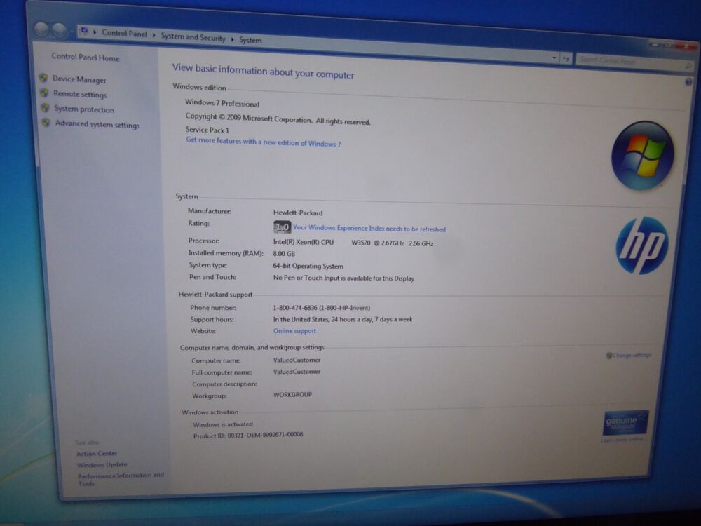 HP Workstation Z400 Xeon W3520 2.66GHz, 8GB RAM, 250GB HDD, Windows 7 Pro