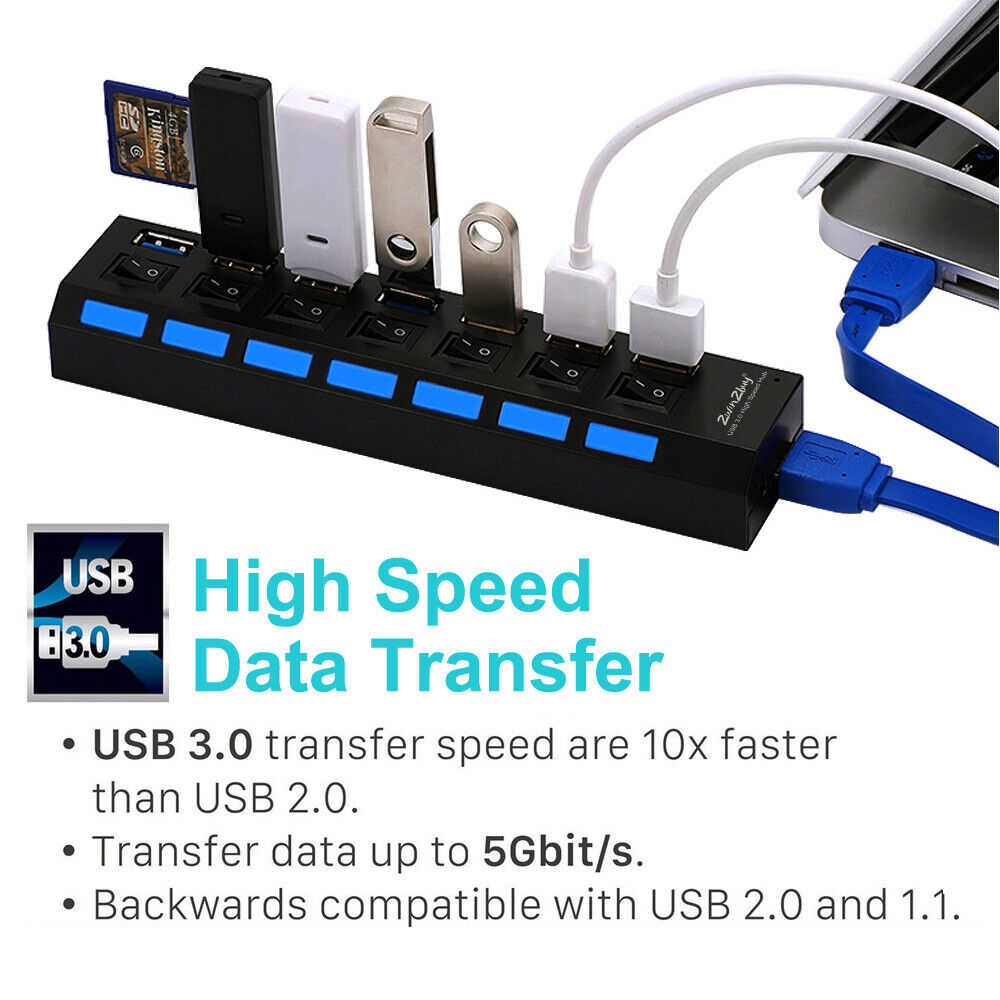7 Ports USB 3.0 Powered Hub with AC Adapter and ON/OFF Switch