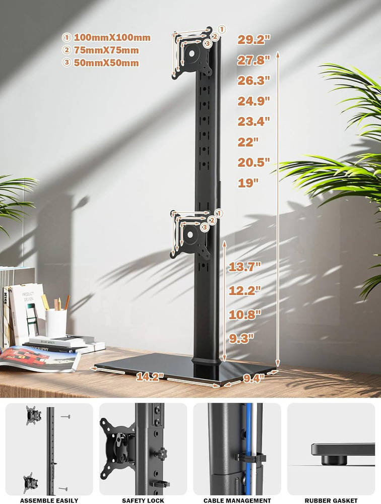 Vertical Dual Monitor Stand - Free-Standing Screen Riser for Two Displays