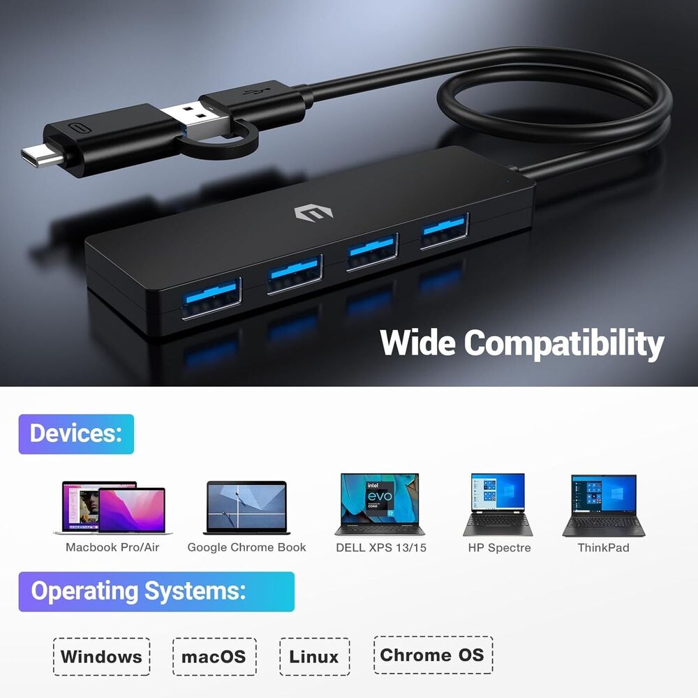 4-Port USB 3.0 Hub with 5Gbps Transfers and USB-C Adapter for Mac