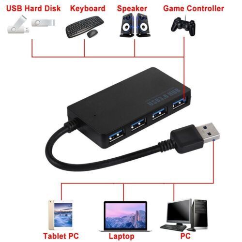 4-Port USB 3.0 Hub Adapter with Charger - Slim Design for High-Speed Data Transfer