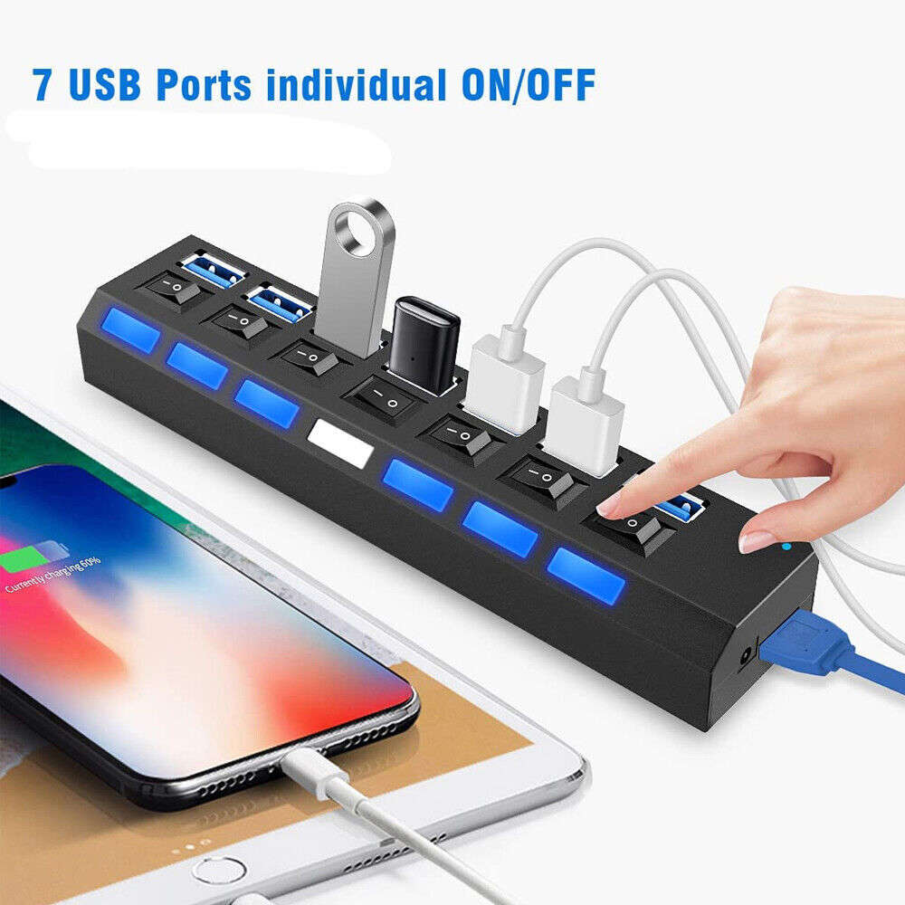 7-Port USB 3.0 Hub with Individual On/Off Switches and AC Adapter