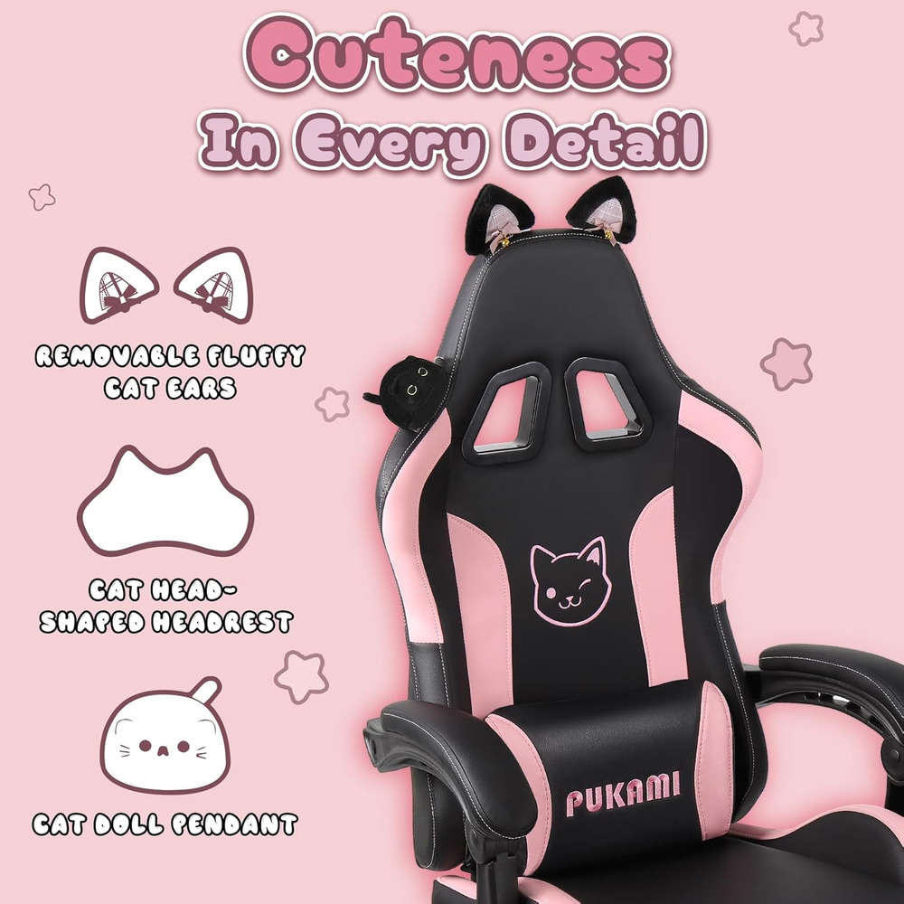 Ergonomic Gaming Chair with Cute Cat Ears for Girls