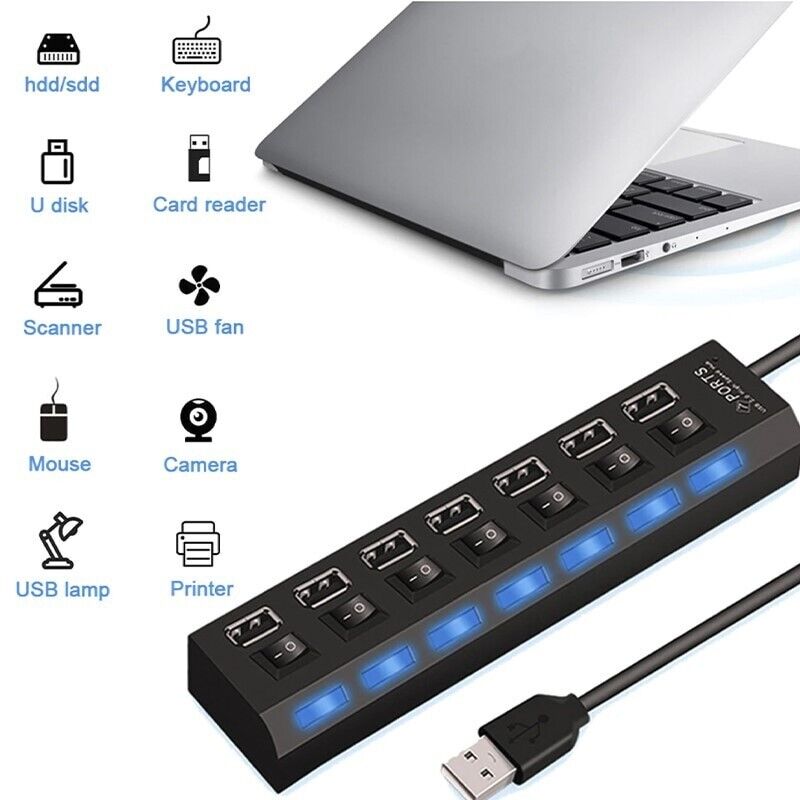 7 Port High-Speed USB 2.0/3.0 Hub Splitter Adapter for Multiple Devices