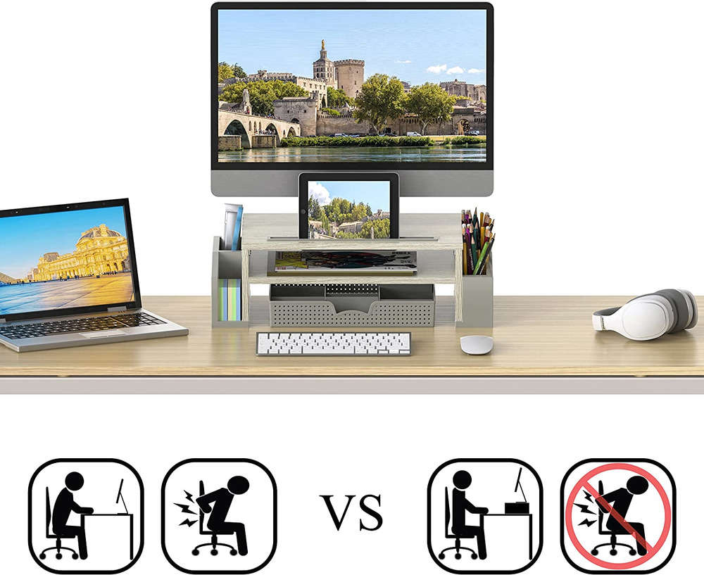 Ergonomic Maple Desk Monitor Stand with Adjustable Organizer Tray