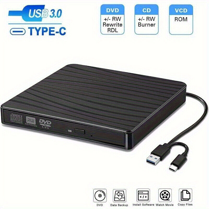 USB 3.0 Type-C Portable DVD CD+/-RW External Optical Drive for Laptops and Desktops