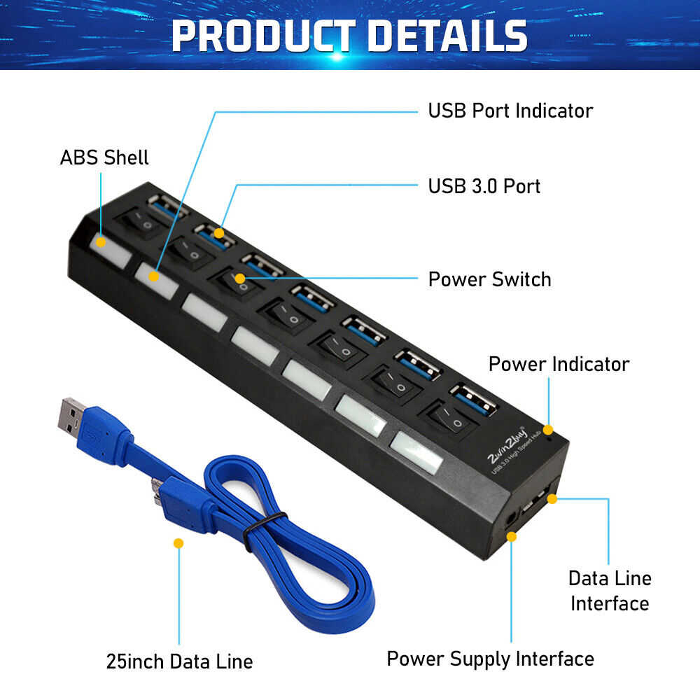 7-Port USB 3.0 Hub with Individual On/Off Switches and AC Adapter