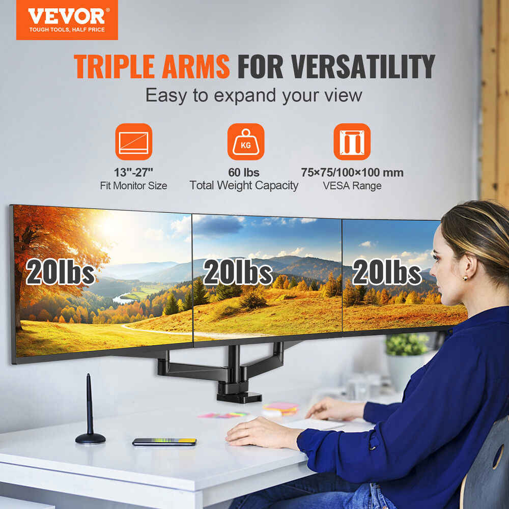 VEVOR Triple Monitor Desk Mount Stand for 13-27 Inch Screens