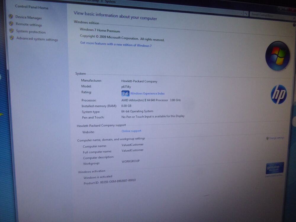 HP Pavilion P6754Y PC Tower - AMD Athlon II X4 640 3.0GHz, 8GB RAM, 1TB HDD, Windows 7 Home