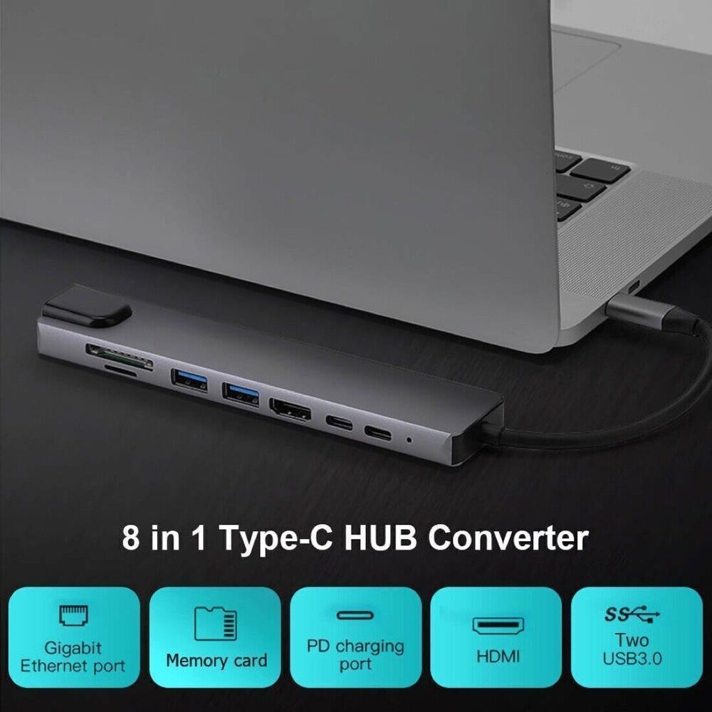8-in-1 USB-C Hub Adapter with 4K HDMI, Ethernet, and 8 Ports