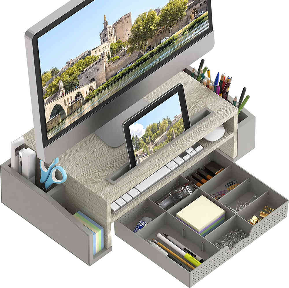 Ergonomic Maple Desk Monitor Stand with Adjustable Organizer Tray