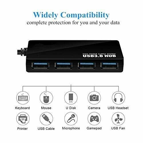4 Port USB 3.0 Hub with Power Adapter for Enhanced Connectivity