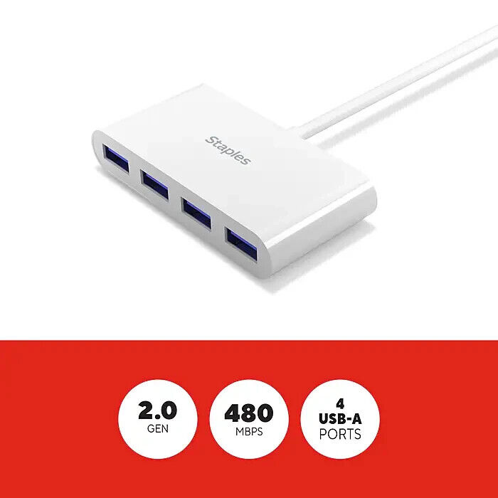 Staples TECH 4-Port USB 2.0 Hub - Compact & Portable White Hub