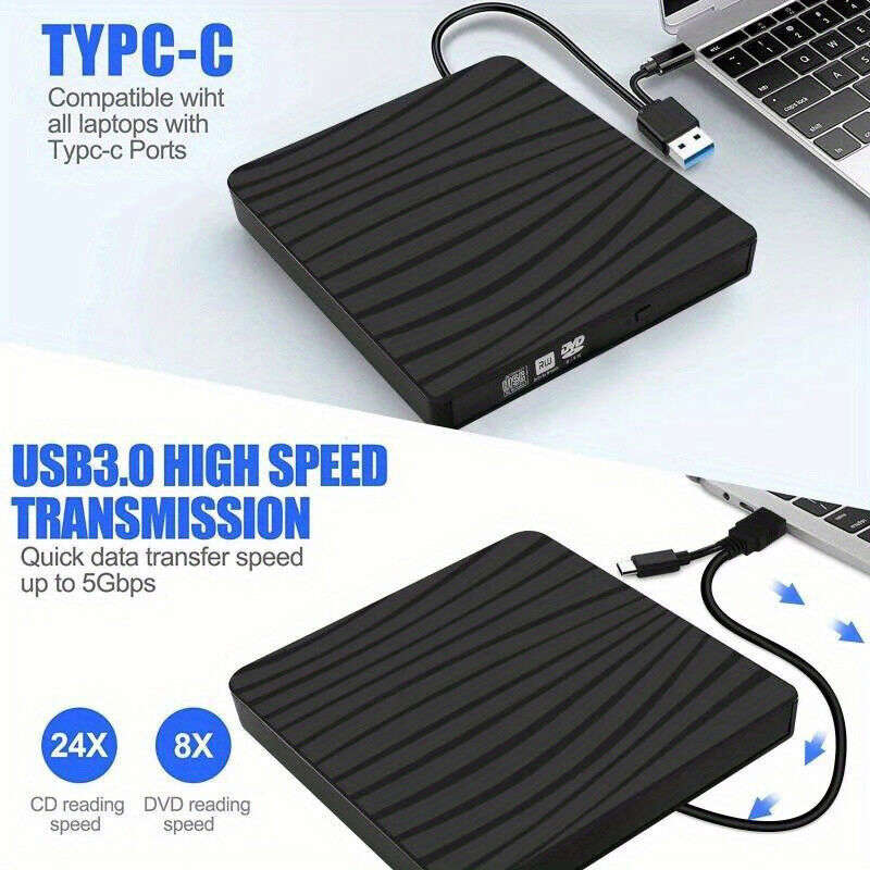 USB 3.0 Type-C Portable DVD CD+/-RW External Optical Drive for Laptops and Desktops