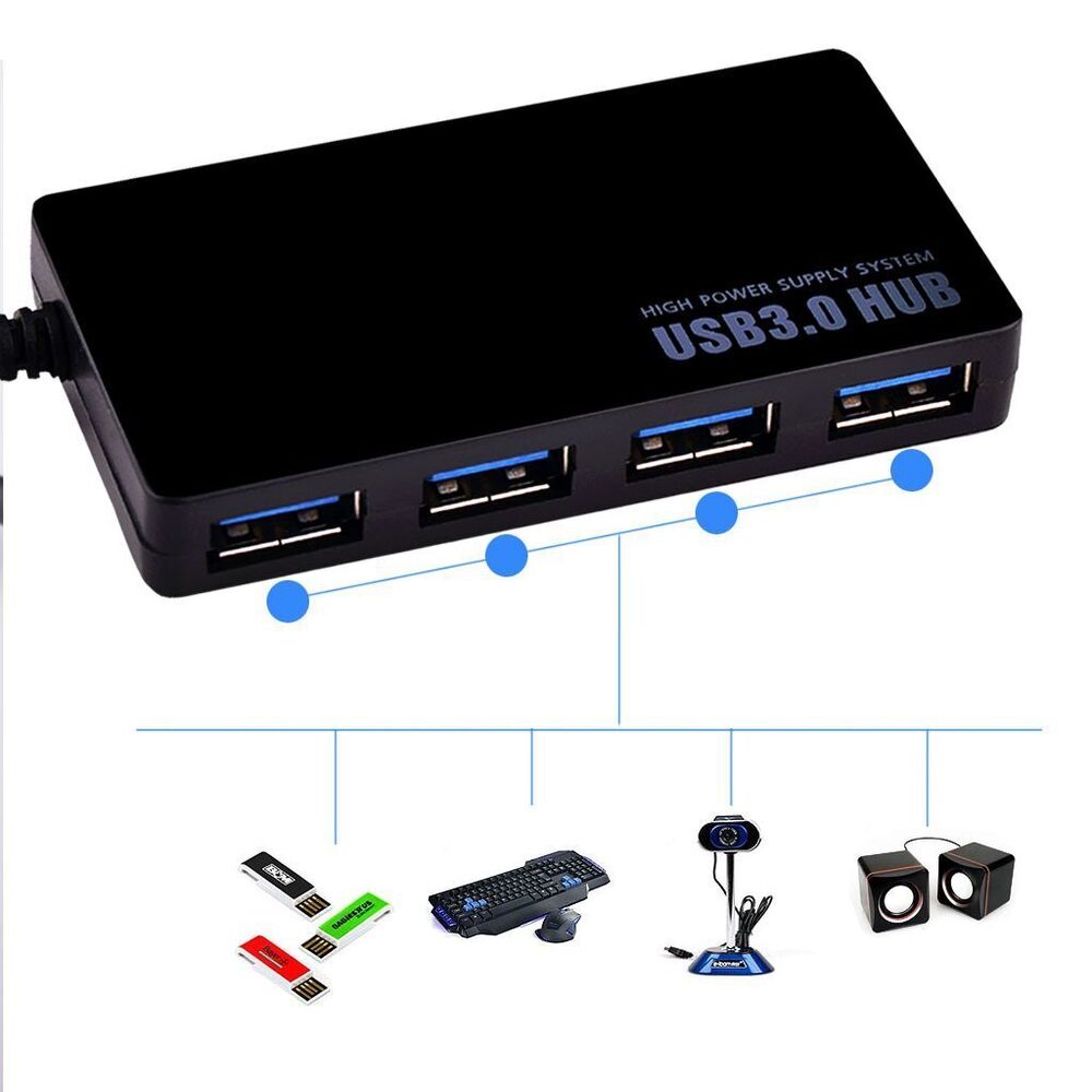 4 Port USB 3.0 Hub with Power Adapter for Enhanced Connectivity
