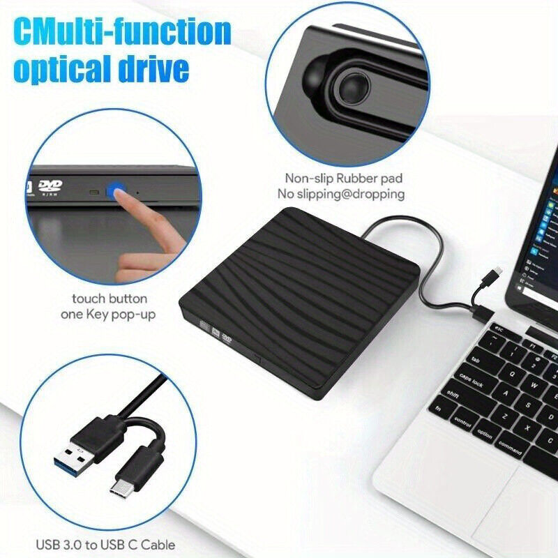 USB 3.0 Type-C Portable DVD CD+/-RW External Optical Drive for Laptops and Desktops