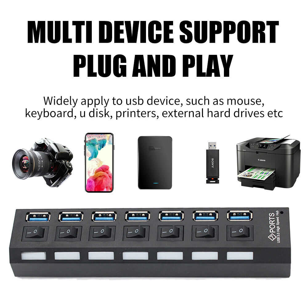 7 Port High-Speed USB 2.0/3.0 Hub Splitter Adapter for Multiple Devices