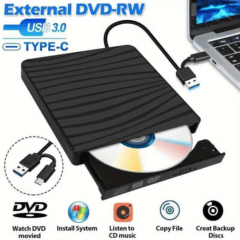 USB 3.0 Type-C Portable DVD CD+/-RW External Optical Drive for Laptops and Desktops