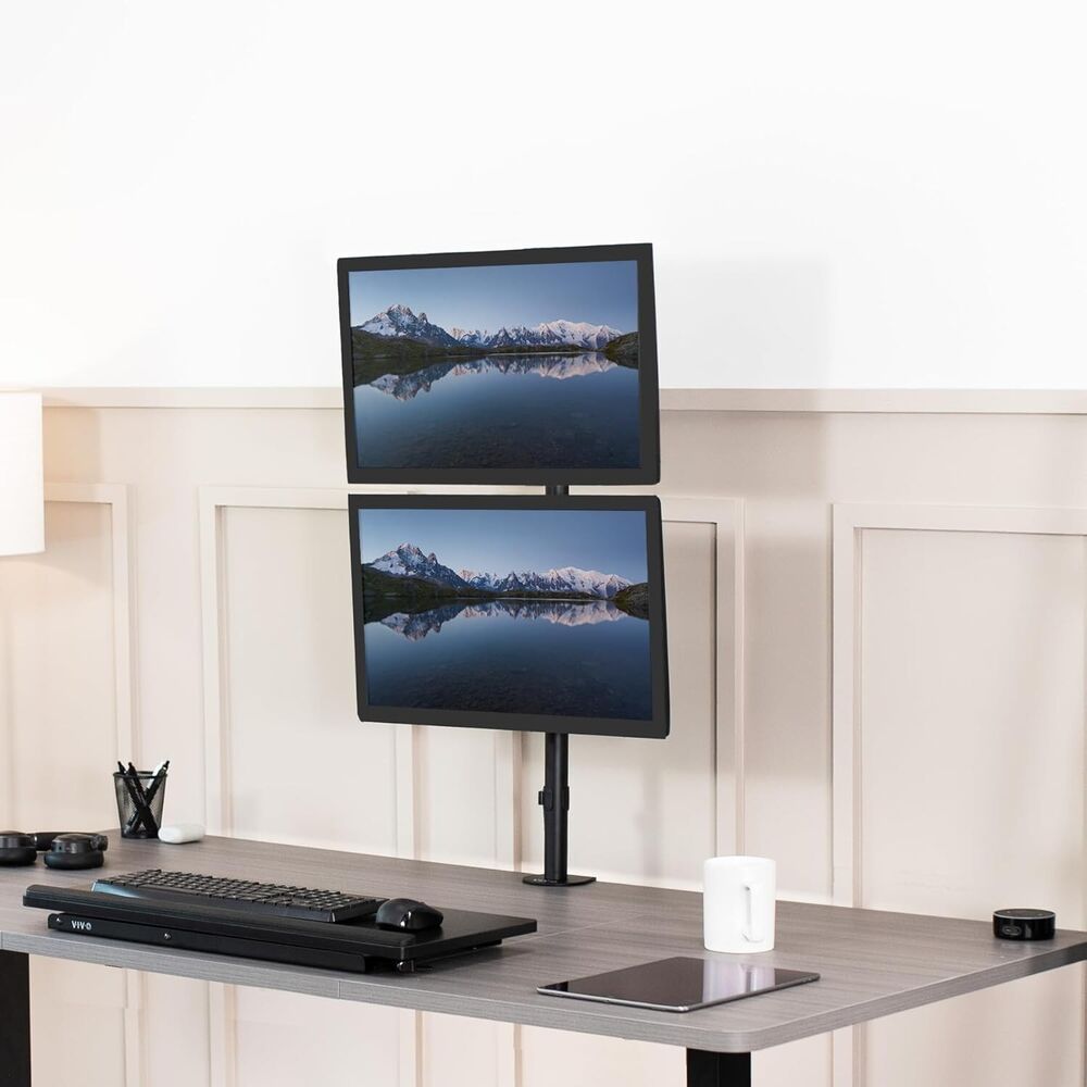 Black Dual LCD Monitor Desk Mount Stand - Vertical Stacking for 2 Screens up to 34"