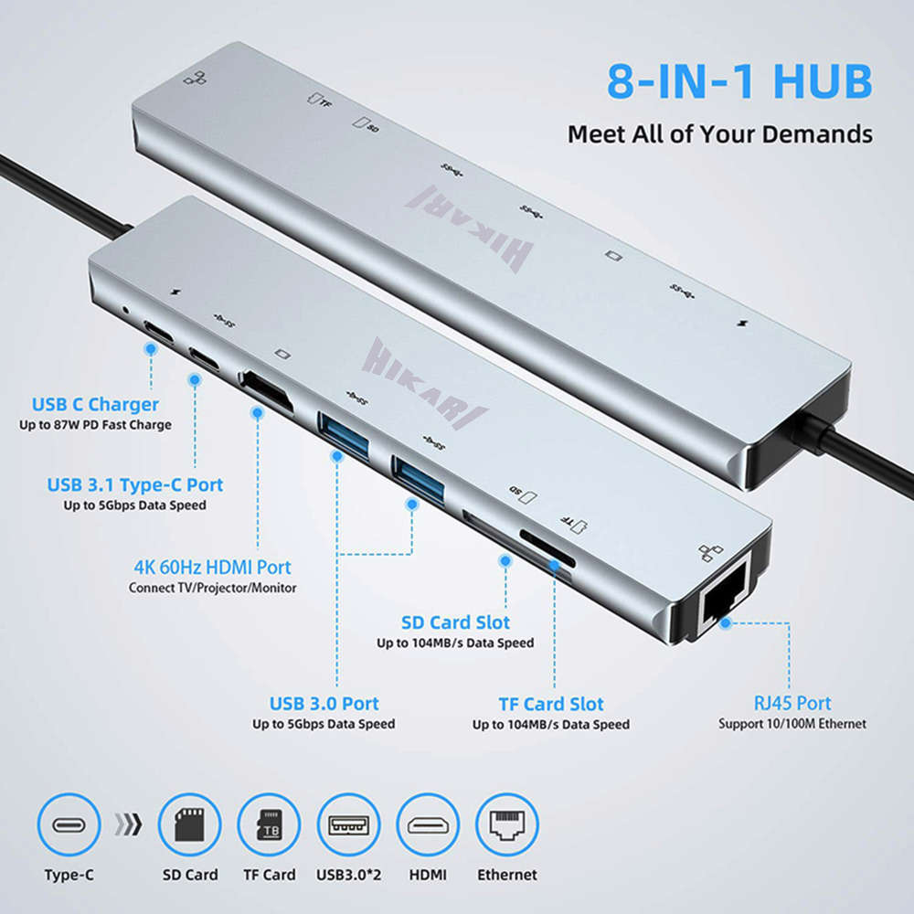 HIKARI USB Type-C Hub 8-in-1 Adapter - Boost Connectivity for Mac & Windows