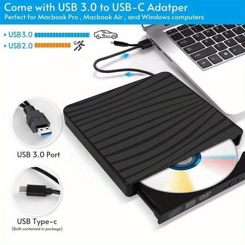 USB 3.0 Type-C Portable DVD CD+/-RW External Optical Drive for Laptops and Desktops