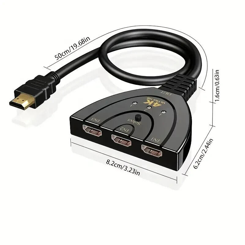 4K HDMI 3-Port Switcher Cable Hub Adapter for Gaming Consoles and HDTV