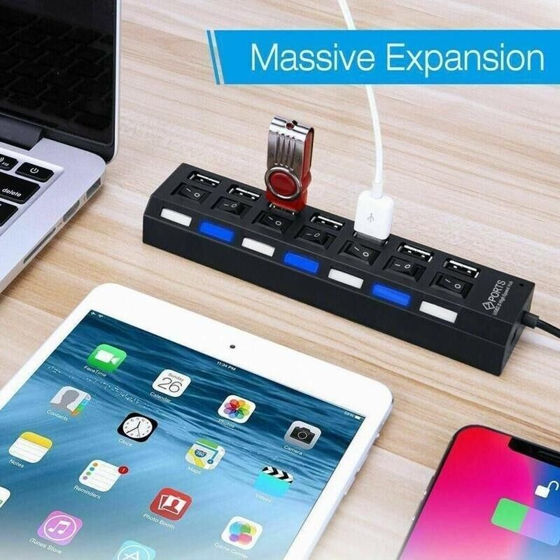 7 Port High-Speed USB 2.0/3.0 Hub Splitter Adapter for Multiple Devices